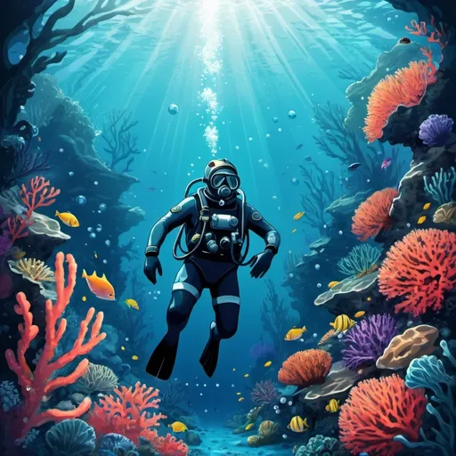 Prompt: Illustration of a (deep diver) in the enchanting deep sea, surrounded by (vibrant coral reefs) and marine life. Bubbles rise as the diver explores the underwater world, creating a serene atmosphere. The (cool, azure tones) of the water contrast with the colorful underwater flora and fauna, adding depth and richness to the scene. Ultra-detailed, mesmerizing, (2D) style illustration, evoking a sense of wonder and adventure.