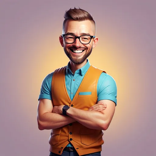 Prompt: High-quality digital illustration of a male UX designer with very short hair, 1 centimeter in length, resembling a crew cut or close buzz cut, a beard, and glasses. He is laughing, with arms crossed, wearing a modern vest. The character is full-body, smiling, and shown in a minimalist, professional style with vibrant yet balanced colors. The lighting is soft and natural, highlighting the details of the character. The design is sleek and clean, with a contemporary look, using a neutral color palette. The setting features ambient lighting to create a professional and friendly atmosphere, focusing on a detailed, high-quality digital illustration.