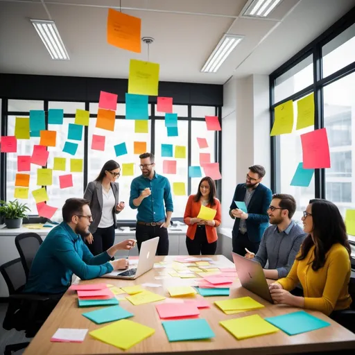 Prompt: UX designers, brainstorming workshop, post its, modern office setting, creative collaboration, joyful atmosphere, high quality, professional, contemporary, vibrant colors, natural lighting