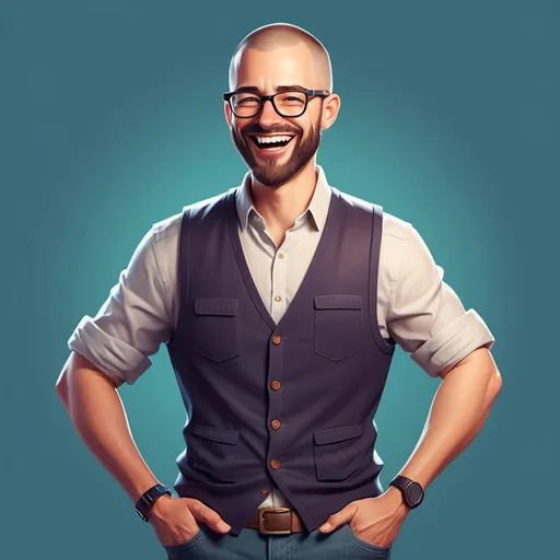 Prompt: High-quality digital illustration of a male UX designer with very short hair, 1 centimeter in length, resembling a crew cut or close buzz cut, a beard, and glasses. He is laughing, with arms crossed, wearing a modern vest. The character is full-body, smiling, and shown in a minimalist, professional style with vibrant yet balanced colors. The lighting is soft and natural, highlighting the details of the character. The design is sleek and clean, with a contemporary look, using a neutral color palette. The setting features ambient lighting to create a professional and friendly atmosphere, focusing on a detailed, high-quality digital illustration.