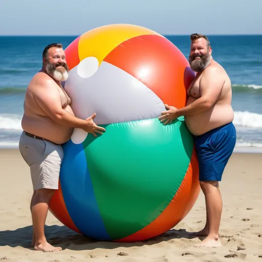 Prompt: Inflate chubby bearded Daddies by showing their air valve open on their bellies inflating big beach balls