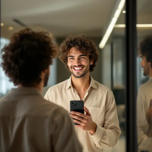 Prompt: In a well-lit indoor space, a young man is captured in front of a mirror, smiling confidently at the camera while holding his smartphone. His wavy, voluminous hair frames his face, accentuating his youthful features and warm expression. Dressed in a light beige shirt, he stands against a backdrop of sleek glass surfaces that reflect soft ambient lighting, enhancing the modern aesthetic of the setting. The overall mood is casual and approachable, suggesting a moment of self-appreciation and enjoyment in a chic environment.