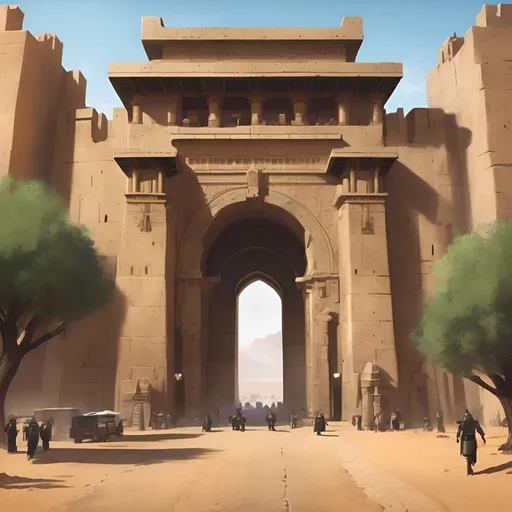 Prompt: A huge, grand entrance to an ancient city in the middle of the desert, and the inside is beautiful and full of trees.
The city is full of trees inside.
Many people and vehicles enter the city, and there are many guards at the city gate.