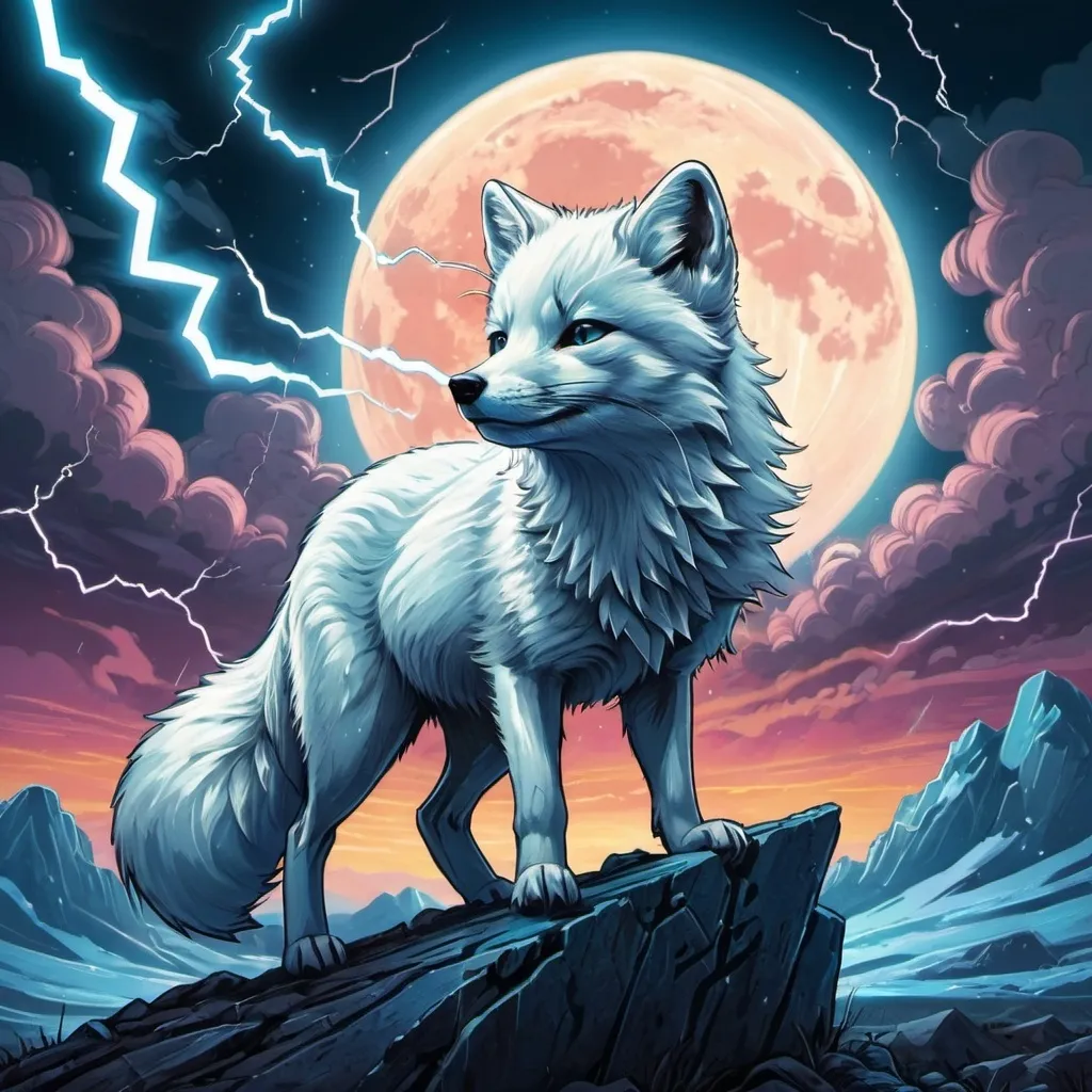 Prompt: an Arctic fox with lightning bolt in the background and a full moon in the background with clouds and lightning bolt, Dan Mumford, furry art, energetic, cyberpunk art