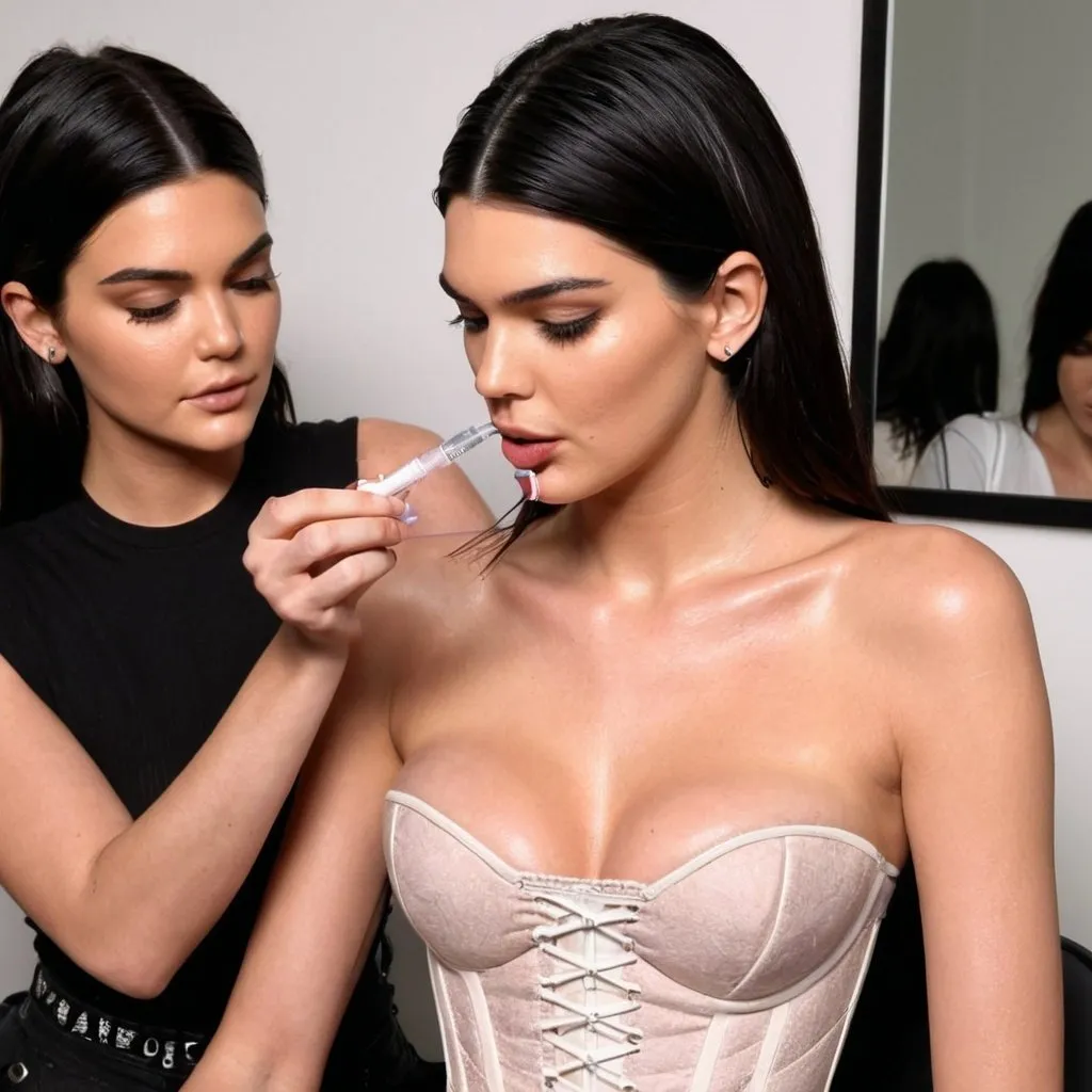 Prompt: Kylie Jenner injecting lip filler into Kendall Jenner's lips while Kendall Jenner tightens her corset.
