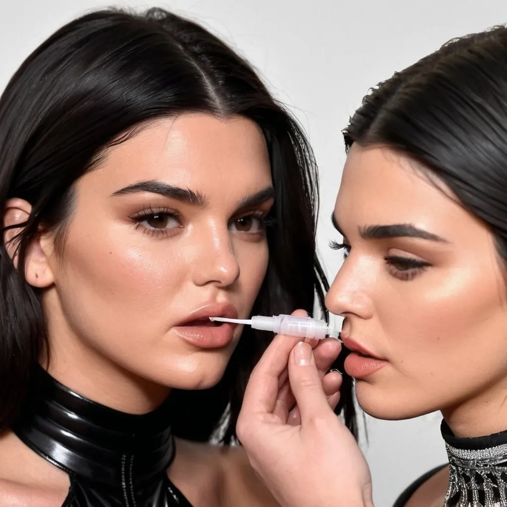 Prompt: Kylie Jenner injecting lip filler into Kendall Jenner's lips while Kendall Jenner tightens her corset.
