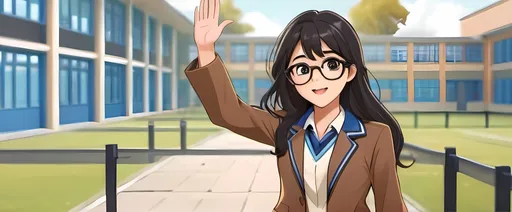 Prompt: draw a beautiful female with blue framed glasses, black silky hair, black eyes, long hair waving hand as good bye, wearing school uniform with brown blazer, in the school field, bunch of other students in the background, 