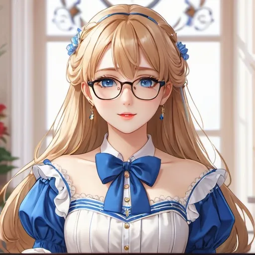 Prompt: draw a beautiful girl, blone, blue eyes, glasses, kyoani style, 4k,  crying, wearing a french antique dress 