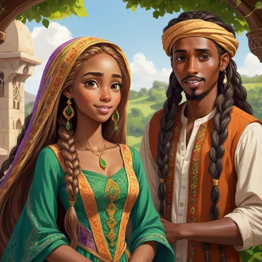 Prompt: Somali-inspired characters in Rapunzel story, traditional clothing with intricate patterns, lush green landscapes, long flowing braided hair, warm and vibrant color palette, high quality, detailed illustration, fairytale, traditional attire, flowing hair, lush vegetation, warm tones, vibrant colors, detailed features, traditional Somali motifs, cultural representation, intricate clothing patterns, detailed facial features, professional artwork, natural lighting