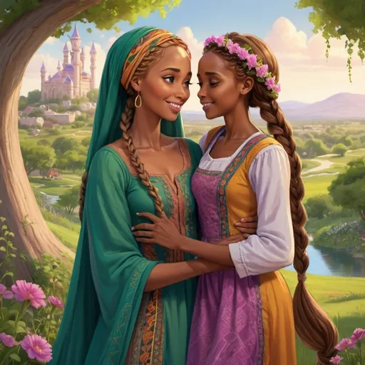 Prompt: Somali-themed illustration of Rapunzel and her mother, warm and vibrant colors, traditional Somali clothing, detailed braided hair with flowers, lush green landscapes, cozy and loving mother-daughter bond, high quality, detailed, vibrant colors, traditional, Somali-themed, detailed braids, lush landscapes, mother-daughter bond, warm lighting