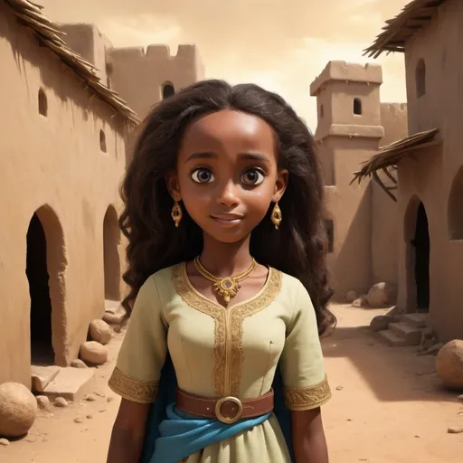 Prompt: Generate a few pictures about the story Rapunsel. Make the caracters have somali features.

