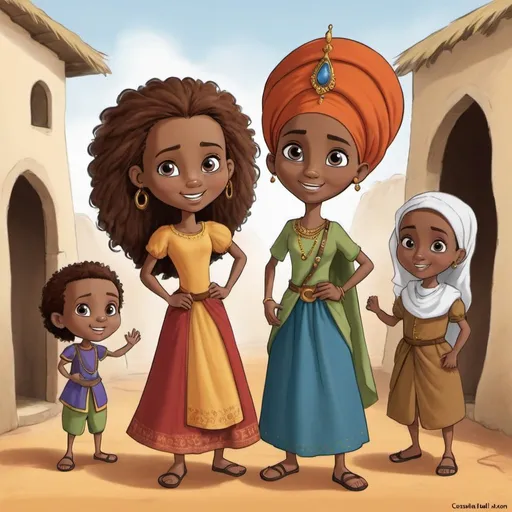 Prompt: Generate a few pictures about the story Rapunsel. Make the caracters have somali features.
