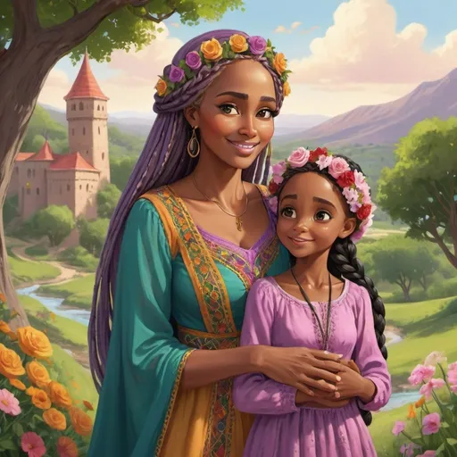 Prompt: Somali-themed illustration of Rapunzel and her mother, warm and vibrant colors, traditional Somali clothing, detailed braided hair with flowers, lush green landscapes, cozy and loving mother-daughter bond, high quality, detailed, vibrant colors, traditional, Somali-themed, detailed braids, lush landscapes, mother-daughter bond, warm lighting.
How the mother keeps gard of Rapunsel and when her prince frees her.