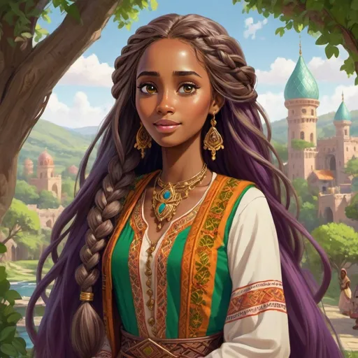 Prompt: Somali-inspired characters in Rapunzel story, traditional clothing with intricate patterns, lush green landscapes, long flowing braided hair, warm and vibrant color palette, high quality, detailed illustration, fairytale, traditional attire, flowing hair, lush vegetation, warm tones, vibrant colors, detailed features, traditional Somali motifs, cultural representation, intricate clothing patterns, detailed facial features, professional artwork, natural lighting