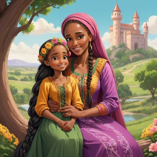 Prompt: Somali-themed illustration of Rapunzel and her mother, warm and vibrant colors, traditional Somali clothing, detailed braided hair with flowers, lush green landscapes, cozy and loving mother-daughter bond, high quality, detailed, vibrant colors, traditional, Somali-themed, detailed braids, lush landscapes, mother-daughter bond, warm lighting.
How the mother keeps gard of Rapunsel and when her prince frees her.