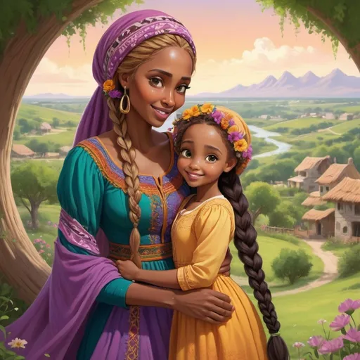 Prompt: Somali-themed illustration of Rapunzel and her mother, warm and vibrant colors, traditional Somali clothing, detailed braided hair with flowers, lush green landscapes, cozy and loving mother-daughter bond, high quality, detailed, vibrant colors, traditional, Somali-themed, detailed braids, lush landscapes, mother-daughter bond, warm lighting