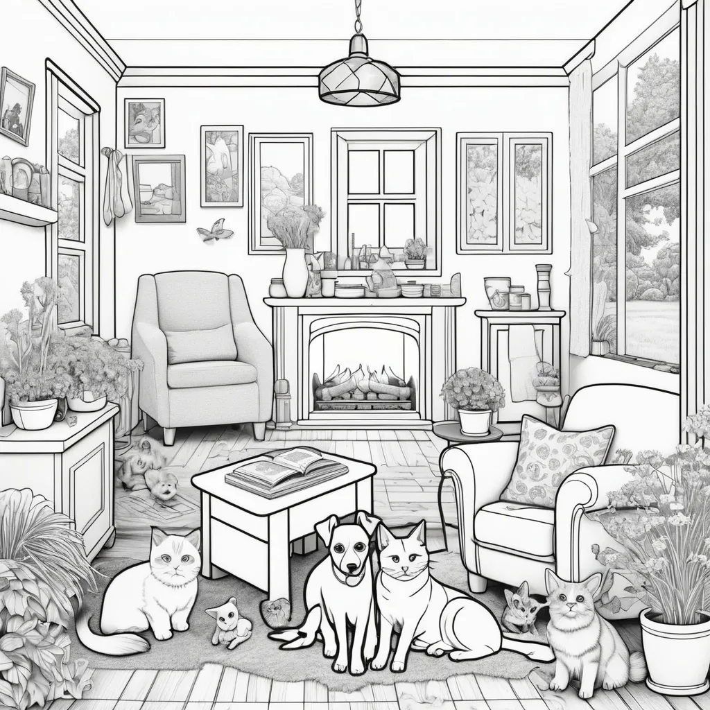 Prompt: B&W coloring book page,cosy house, pets