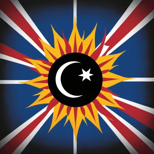 Prompt: Background: The flag is divided horizontally into two equal sections. The top half of the flag is a bold and vivid red color, while the bottom half is a deep and rich blue color. This division creates a striking contrast between the two colors, representing the nation's duality and balance.
Rising Black Sun: In the center of the flag, where the red and blue sections meet, there is a prominent black sun. The sun is rising from the bottom half, symbolizing a new beginning and hope for the future.
Sun Design: The black sun is large and striking, drawing attention to its central position on the flag. It is stylized with sharp, angular rays that extend outward in a dynamic pattern, suggesting power and energy.
Symbolism: The red color represents strength, courage, and passion, while the blue symbolizes stability, calmness, and wisdom. The rising black sun signifies a new dawn, progress, and the nation's resilience and determination to overcome challenges.
Overall Impression: The flag is bold and impactful, with a clear and recognizable design that communicates the nation's identity and aspirations. It combines traditional colors with modern elements, making it both timeless and contemporary.





