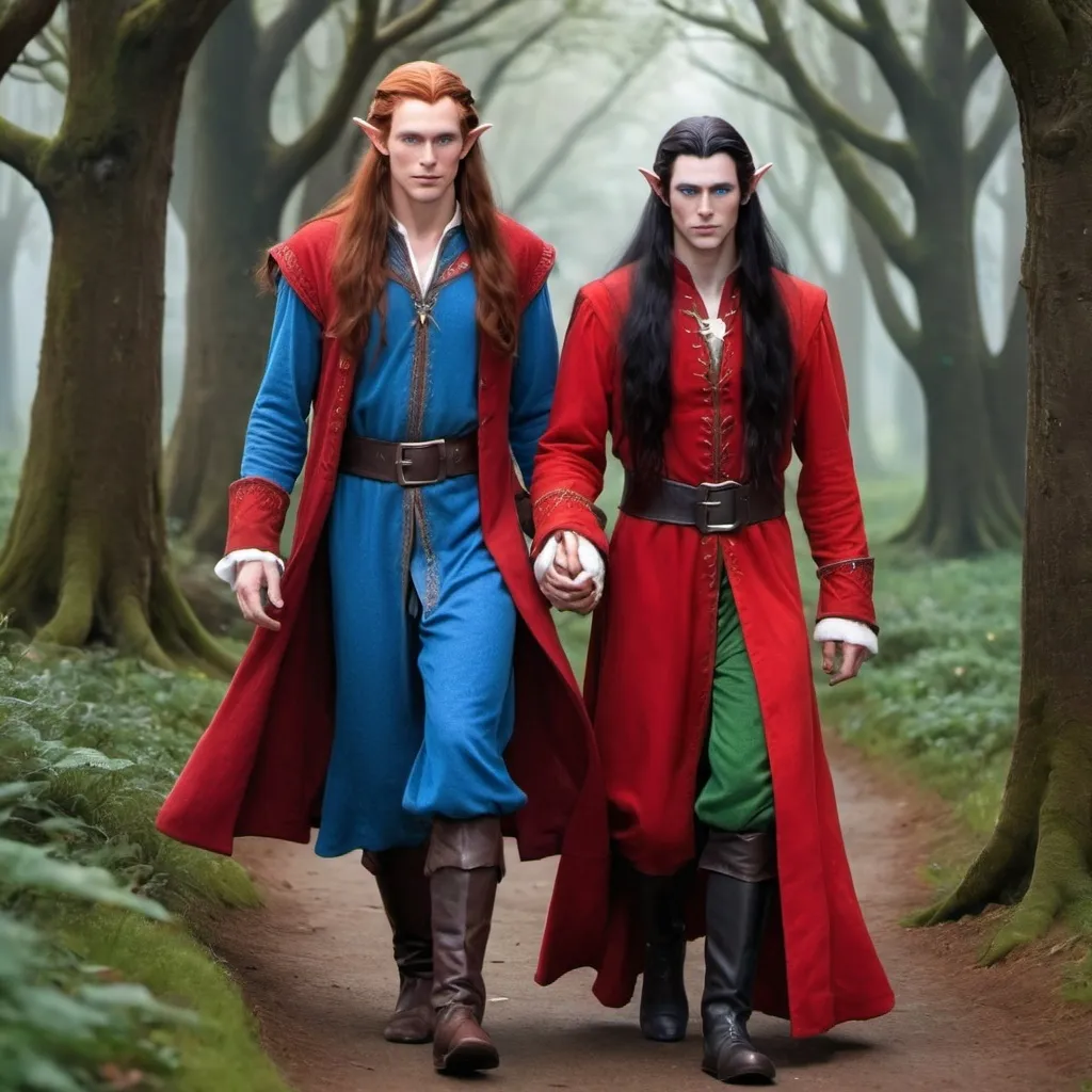 Prompt: A female  with very long reddish brown  hair, blue eyes , wearing red clothing and walking   beside a male elf with very long  black  hair, blue eyes ,wearing a red clothing