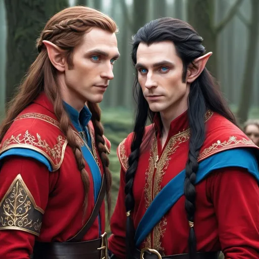 Prompt: A tall male elf with very long reddish brown  hair, blue eyes , wearing red clothing and walking   beside a male elf with very long  black  hair that is braided with gold ribbon, blue eyes