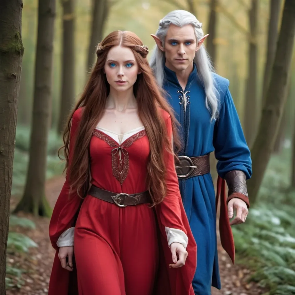 Prompt: A female  with very long reddish brown  hair, blue eyes , wearing red clothing and walking beside a male elf with very long silver colored hair, blue eyes and wearing a red clothing