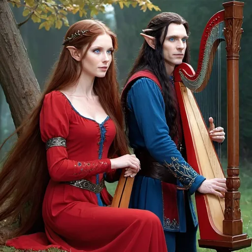 Prompt: A female  with very long reddish brown  hair, blue eyes , wearing red clothing and standing  beside a male elf with very long  black  hair, blue eyes ,wearing a red clothing and playing a harp