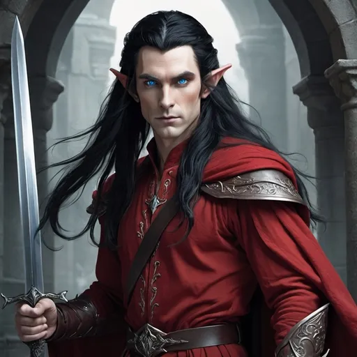 Prompt: A tall male elf with very long black hair, blue eyes , wearing red clothing and holding a sword