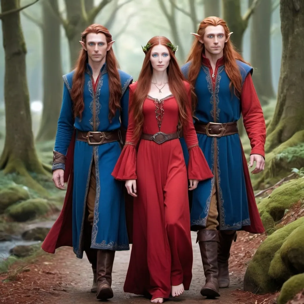 Prompt: A female  with very long reddish brown  hair, blue eyes , wearing red clothing and walking beside twin male elves  with very long red hair, blue eyes and wearing a red clothing