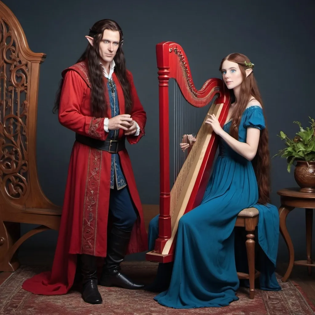 Prompt: A female  with very long reddish brown  hair, blue eyes , wearing red clothing and standing  beside a male elf with very long  black  hair, blue eyes ,wearing a red clothing and playing a harp