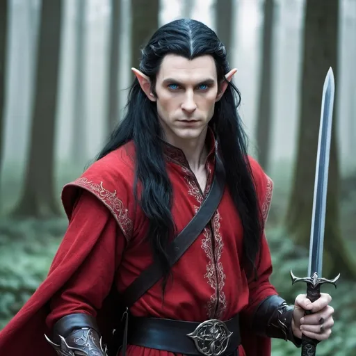 Prompt: A tall male elf with very long black hair, blue eyes , wearing red clothing and holding a sword