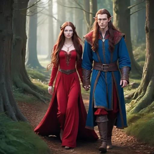 Prompt: A female  with very long reddish brown  hair, blue eyes , wearing red clothing and walking beside a tall male elf with very long dark brown hair, blue eyes and wearing a red clothing