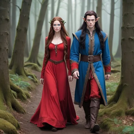 Prompt: A female  with very long reddish brown  hair, blue eyes , wearing red clothing and walking   beside a male elf with very long  black  hair, blue eyes ,wearing a red clothing