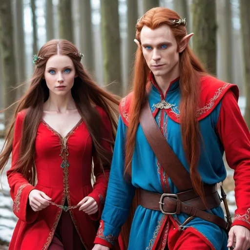 Prompt: A female  with very long reddish brown  hair, blue eyes , wearing red clothing and walking beside a male elf with very long silvery hair, blue eyes and wearing a red clothing