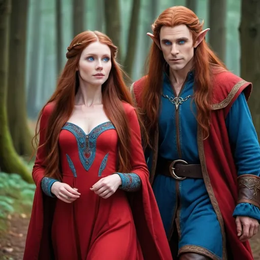 Prompt: A female  with very long reddish brown  hair, blue eyes , wearing red clothing and walking beside a tall male elf with very long red hair, blue eyes and wearing a red clothing