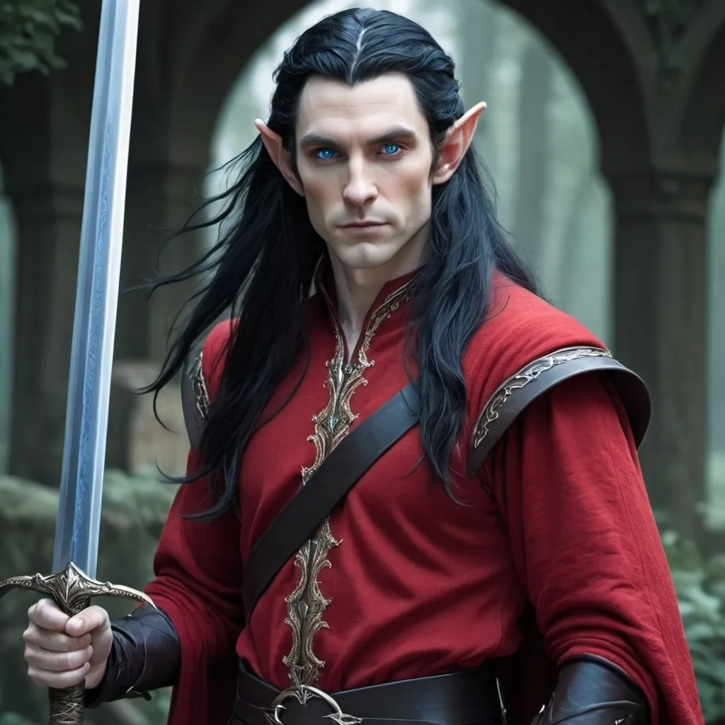 Prompt: A tall male elf with very long black hair, blue eyes , wearing red clothing and holding a sword