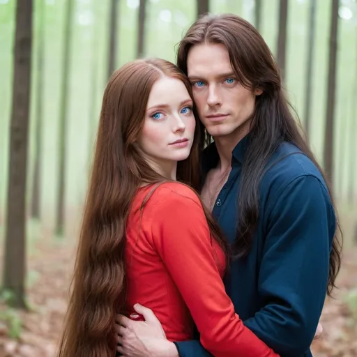 Prompt: A female  with very long reddish brown  hair, blue eyes , wearing red clothing and being held by a tall male with very long black hair, blue eyes and wearing a red clothing