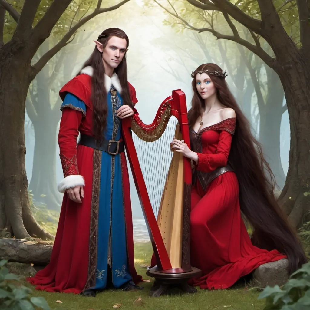 Prompt: A female  with very long reddish brown  hair, blue eyes , wearing red clothing and standing  beside a male elf with very long  black  hair, blue eyes ,wearing a red clothing and playing a harp