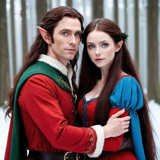 Prompt: A female  with very long reddish brown  hair, blue eyes , wearing red clothing and being held by a tall male elf with very long black hair, blue eyes and wearing a red clothing