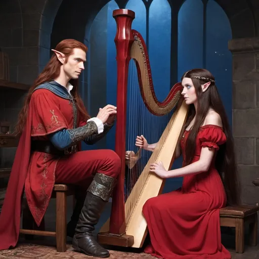 Prompt: A female  with very long reddish brown  hair, blue eyes , wearing red clothing and standing  beside a male elf with very long  black  hair, blue eyes ,wearing a red clothing who is sitting down playing a harp