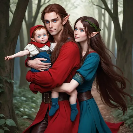Prompt: A female  with very long reddish brown  hair, blue eyes , wearing red clothing and being carried like a little child by a tall male elf with very long dark brown hair, blue eyes and wearing a red clothing