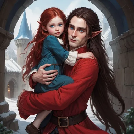 Prompt: A female  with very long reddish brown  hair, blue eyes , wearing red clothing and being carried like a little child by a tall male elf with very long black hair, blue eyes and wearing a red clothing