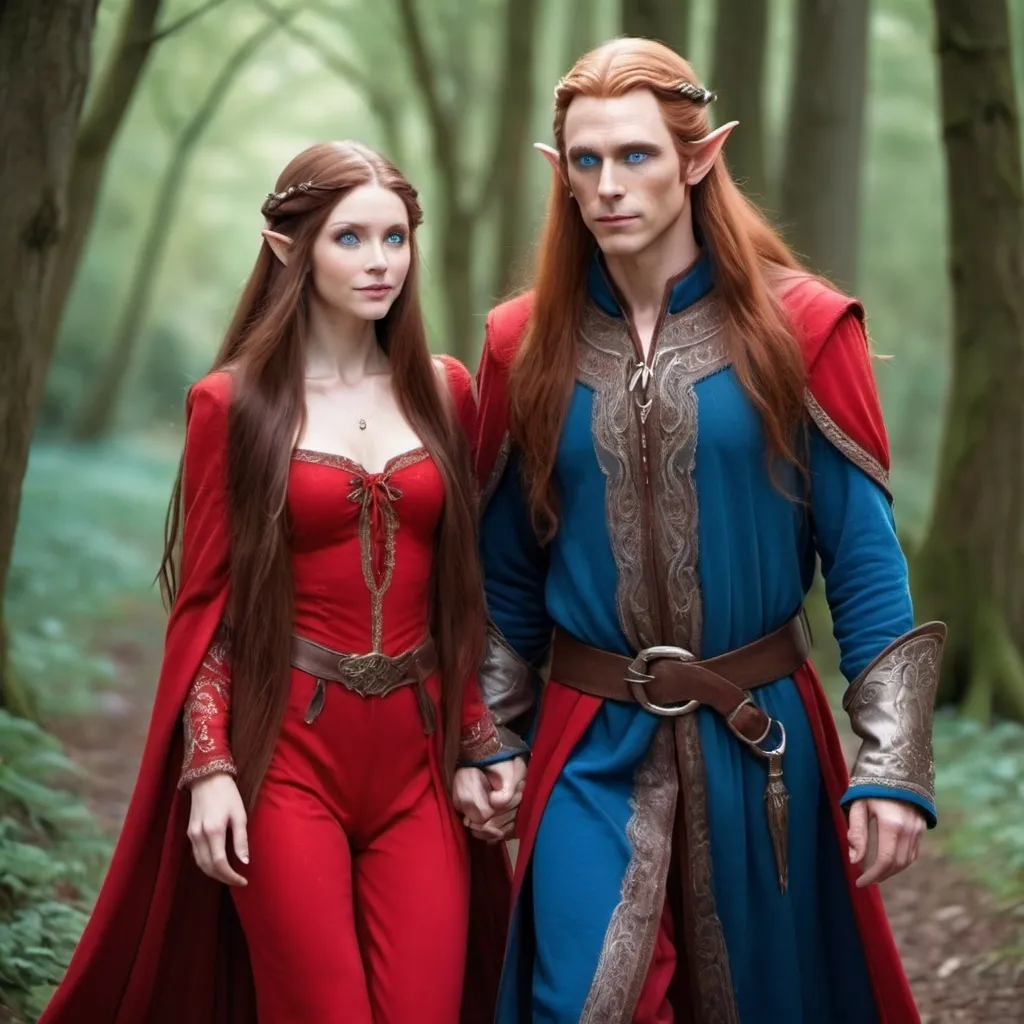 Prompt: A female  with very long reddish brown  hair, blue eyes , wearing red clothing and walking beside a male elf with very long silver colored hair, blue eyes and wearing a red clothing