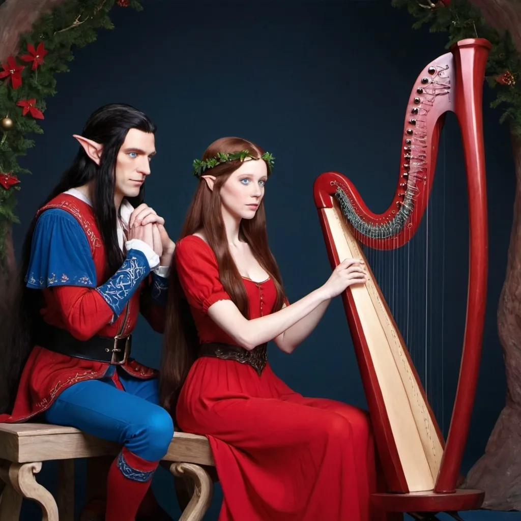 Prompt: A female  with very long reddish brown  hair, blue eyes , wearing red clothing and standing  beside a male elf with very long  black  hair, blue eyes ,wearing a red clothing who is sitting down playing a harp