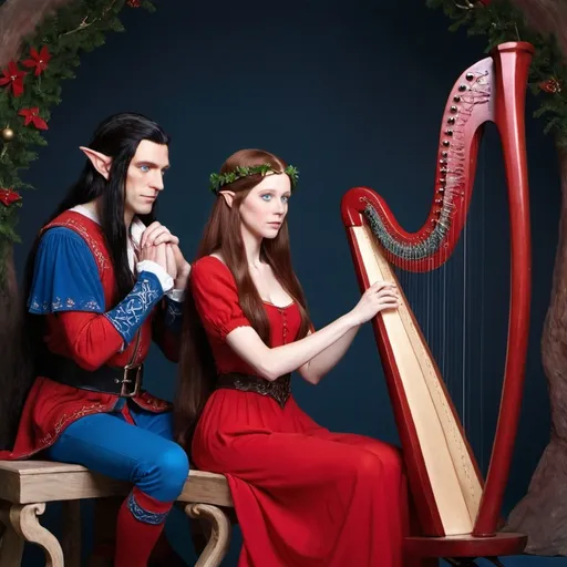 Prompt: A female  with very long reddish brown  hair, blue eyes , wearing red clothing and standing  beside a male elf with very long  black  hair, blue eyes ,wearing a red clothing who is sitting down playing a harp