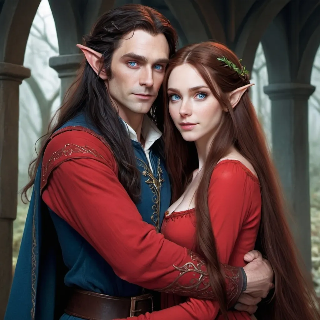 Prompt: A female  with very long reddish brown  hair, blue eyes , wearing red clothing and being held by a tall male elf with very long black hair, blue eyes and wearing a red clothing