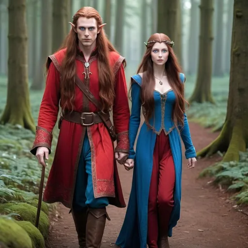 Prompt: A female  with very long reddish brown  hair, blue eyes , wearing red clothing and walking beside a male elf with very long silvery hair, blue eyes and wearing a red clothing