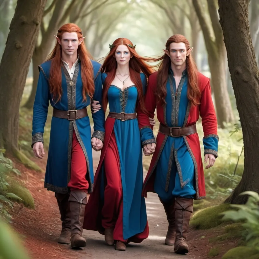 Prompt: A female  with very long reddish brown  hair, blue eyes , wearing red clothing and walking beside twin male elves  with very long red hair, blue eyes and wearing a red clothing