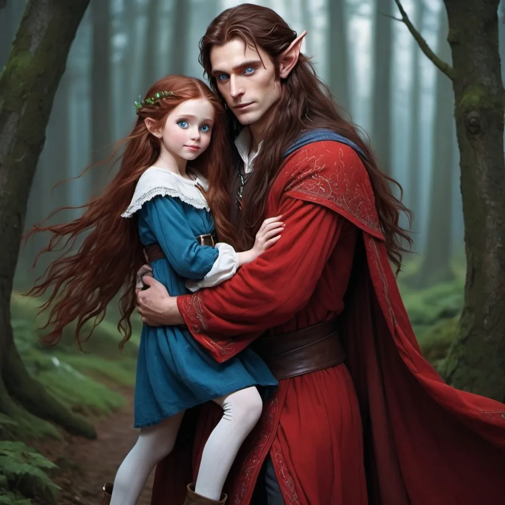 Prompt: A female  with very long reddish brown  hair, blue eyes , wearing red clothing and being carried like a little child by a tall male elf with very long dark brown hair, blue eyes and wearing a red clothing