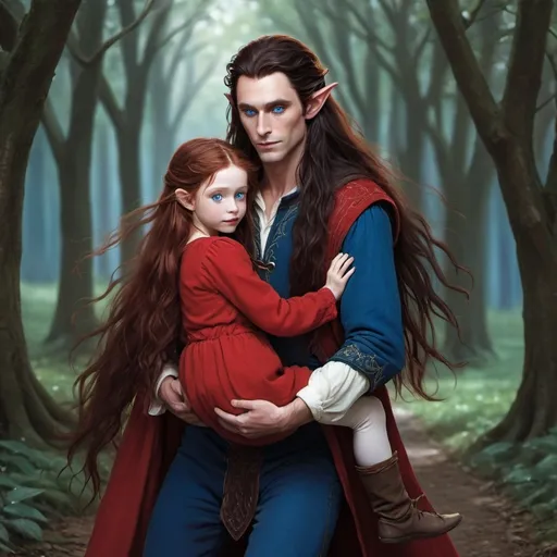 Prompt: A female  with very long reddish brown  hair, blue eyes , wearing red clothing and being carried like a little child by a tall male elf with very long black hair, blue eyes and wearing a red clothing