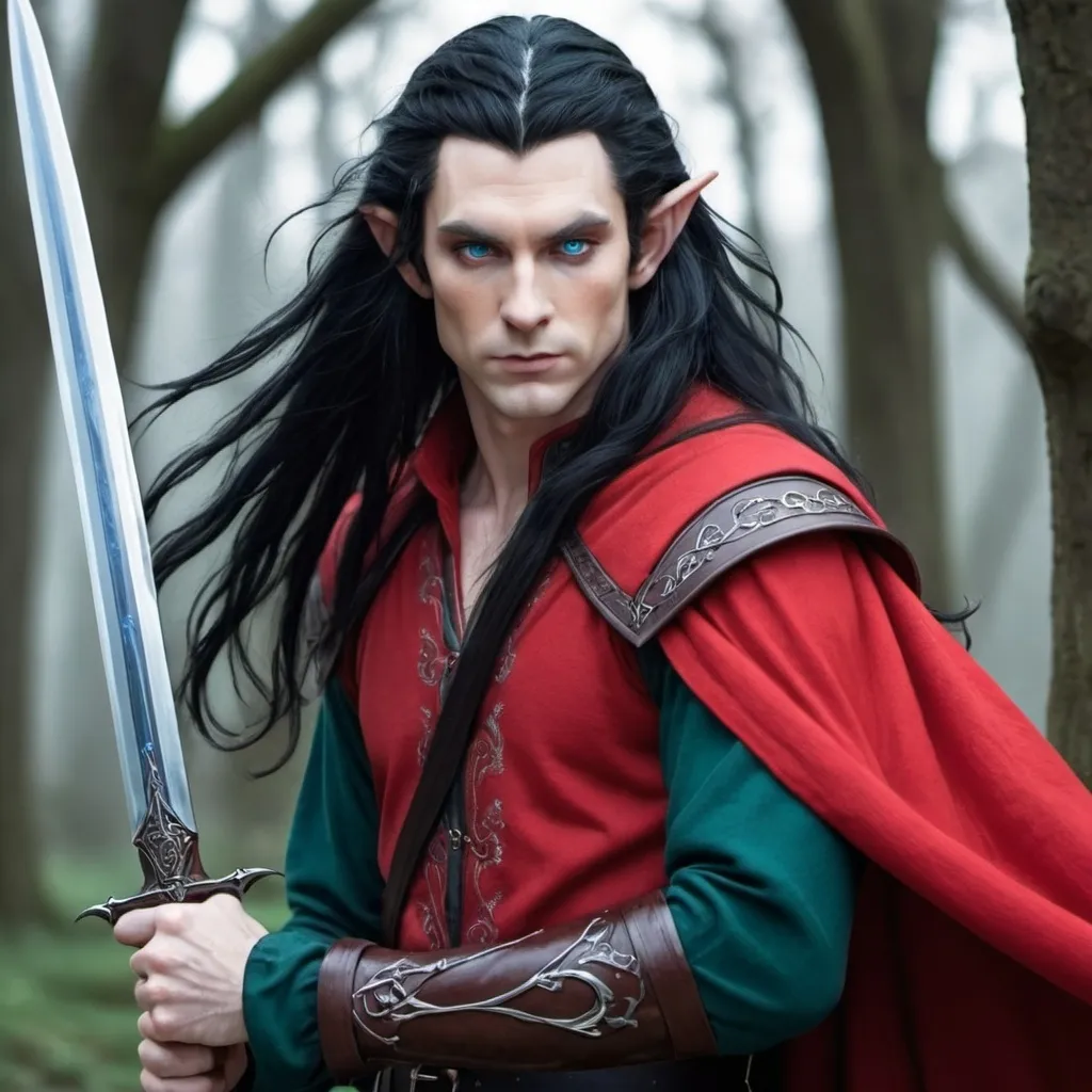 Prompt: A tall male elf with very long black hair, blue eyes , wearing red clothing and holding a sword